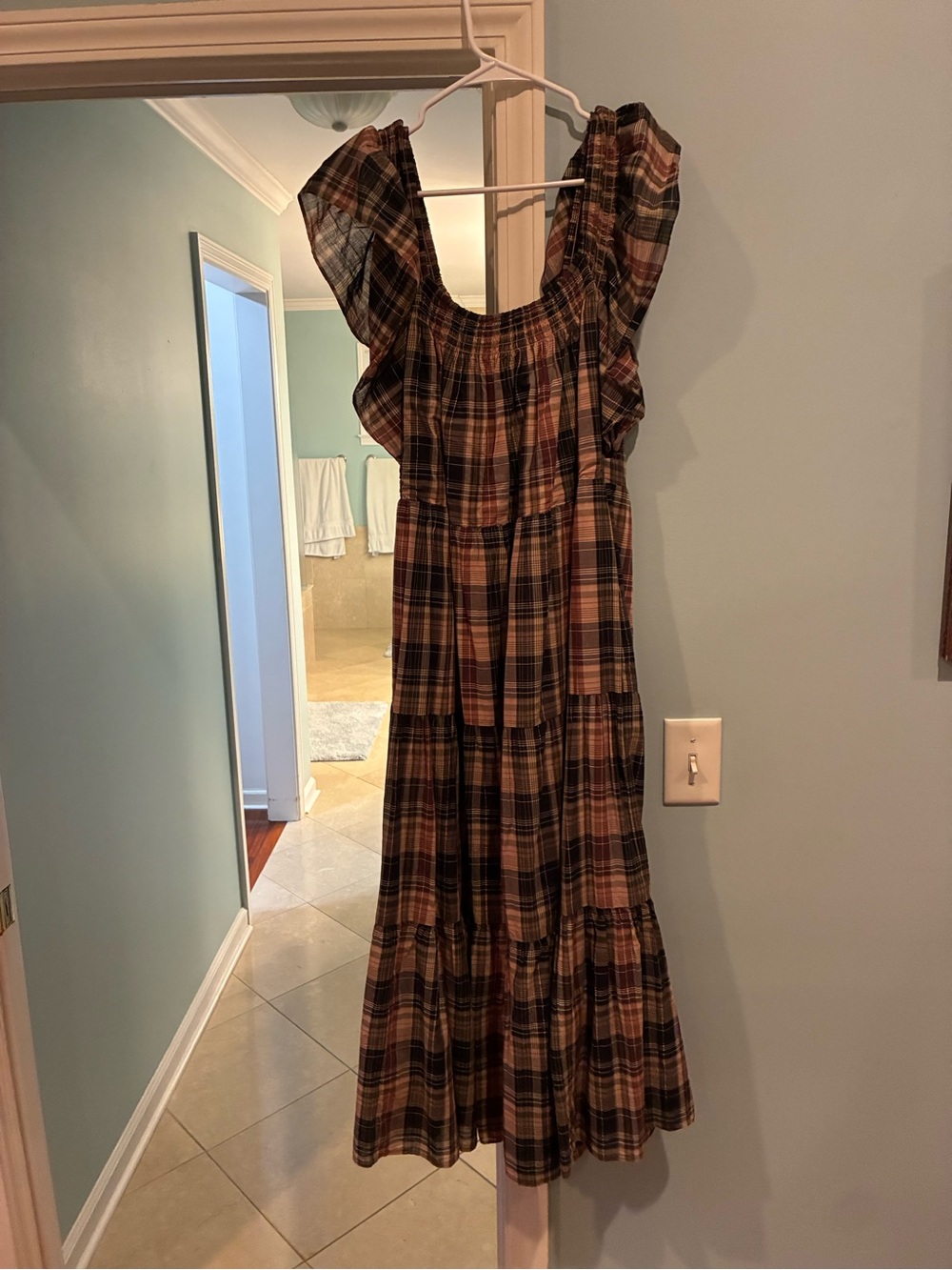 Madewell Brown Multi Plaid Ruffle Midi Dress